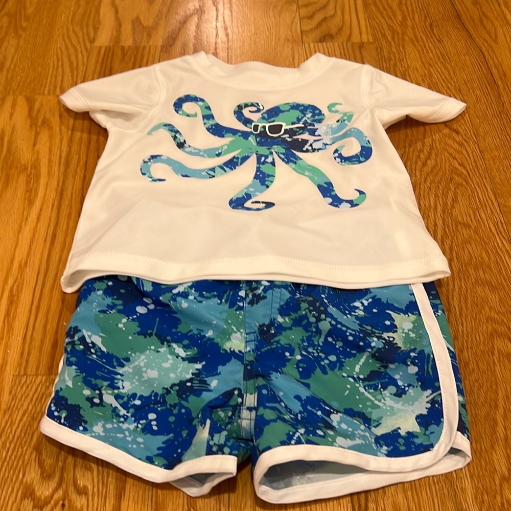 2 T never worn rash guard and swim trunks